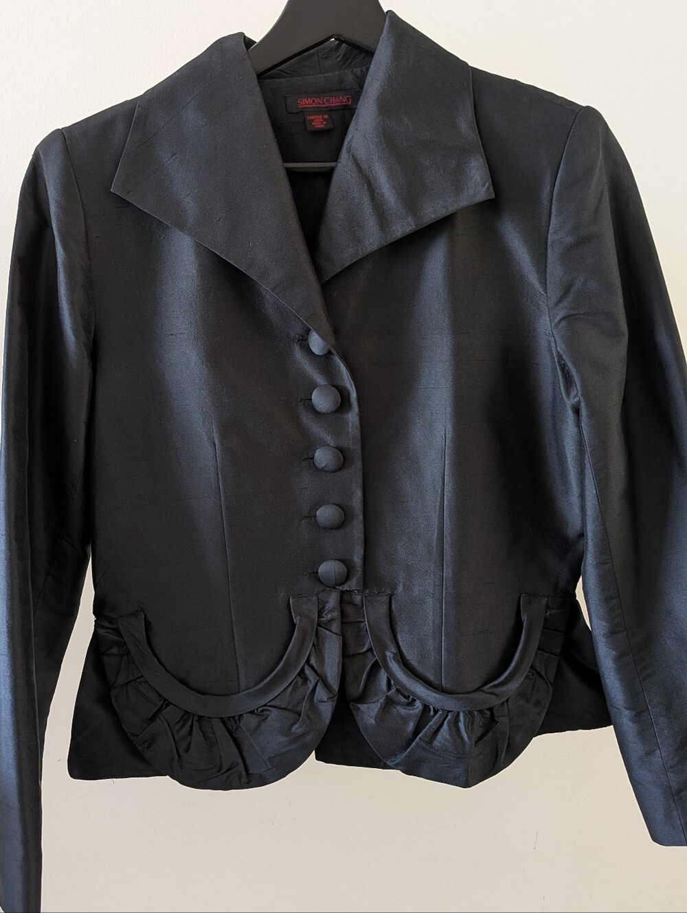 Vintage Simon Chang Black Silk Satin Button-Front Blazer with Ruffle Hem